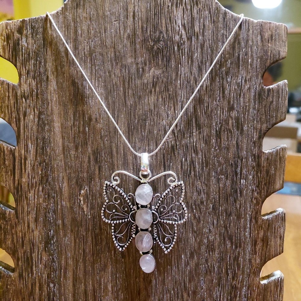 Silver Rose Quartz Butterfly Pendant Necklace - Picture 7 of 7